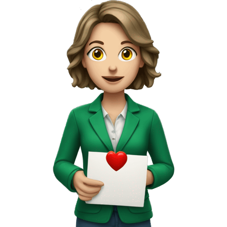 A European female teacher in a green jacket holds a heart in her hands emoji