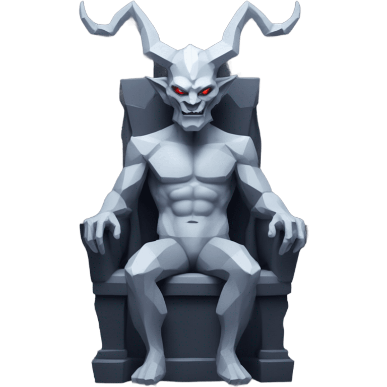 generate a fully gray very basic low-poly demon with no details and just shapes sitting on a throne. The demon has a circular head, with triangle horns and a basic shape body emoji