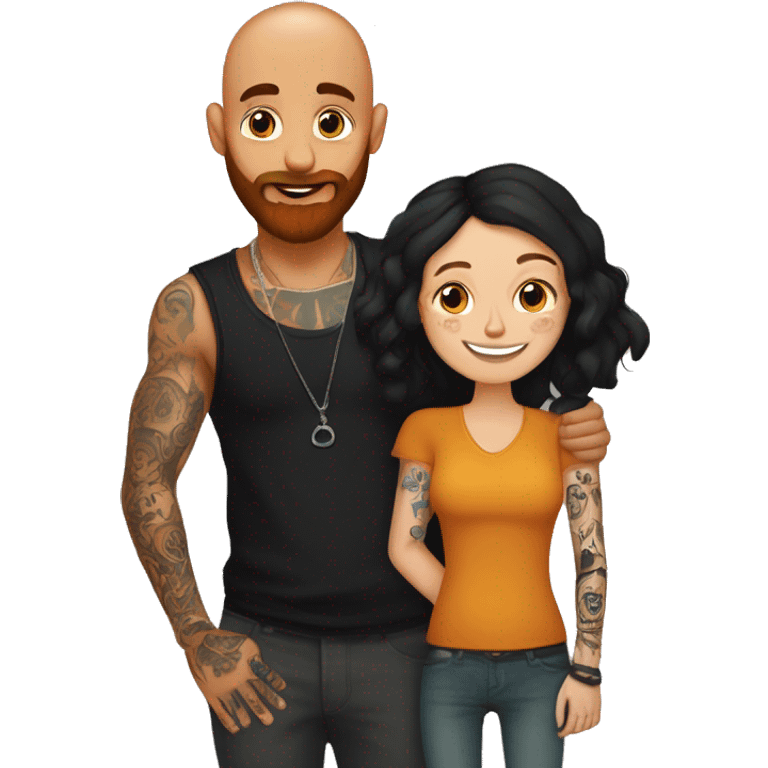 Indian Beard guy with bald head and tattoos only on left hand hugging a ginger hair Croatian girl with septum ring and tattoos on right hand  emoji