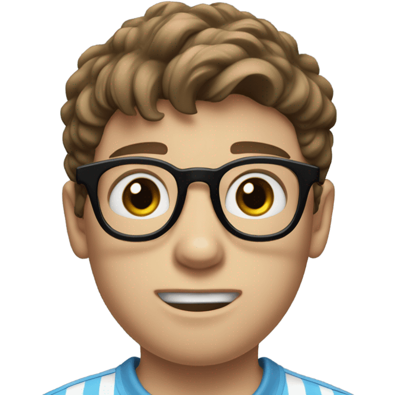 A shy teenage boy with tousled brown hair, large blue eyes, and thick black-rimmed glasses. He wears a light blue striped polo and has a white cast on his left arm. he's nervous emoji