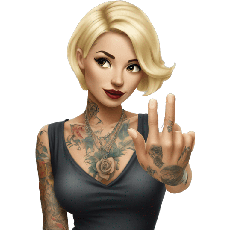 Blonde elegant women, her Body Covered with Tattoos, POINTING YOU with her HAND , Hyper realistic emoji