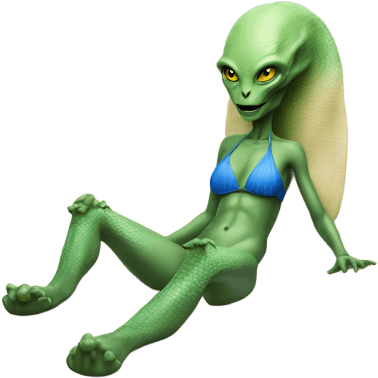 a Reptilian alien woman, in bikini  laying on the beach emoji