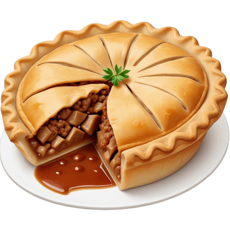 Cinematic Realistic Meat Pie Dish Emoji, showcasing a flaky pastry filled with rich, hearty meat gravy, rendered with lifelike detail and warm, inviting lighting. emoji