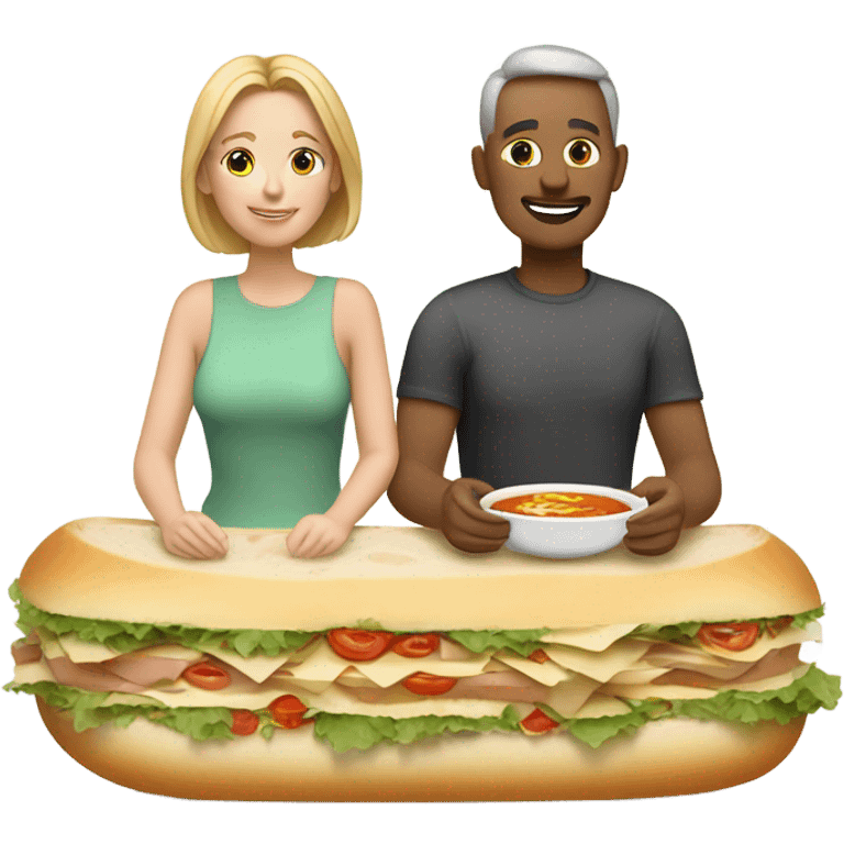 White couple sitting on top of big sandwich. They are eating soup sitting on t emoji