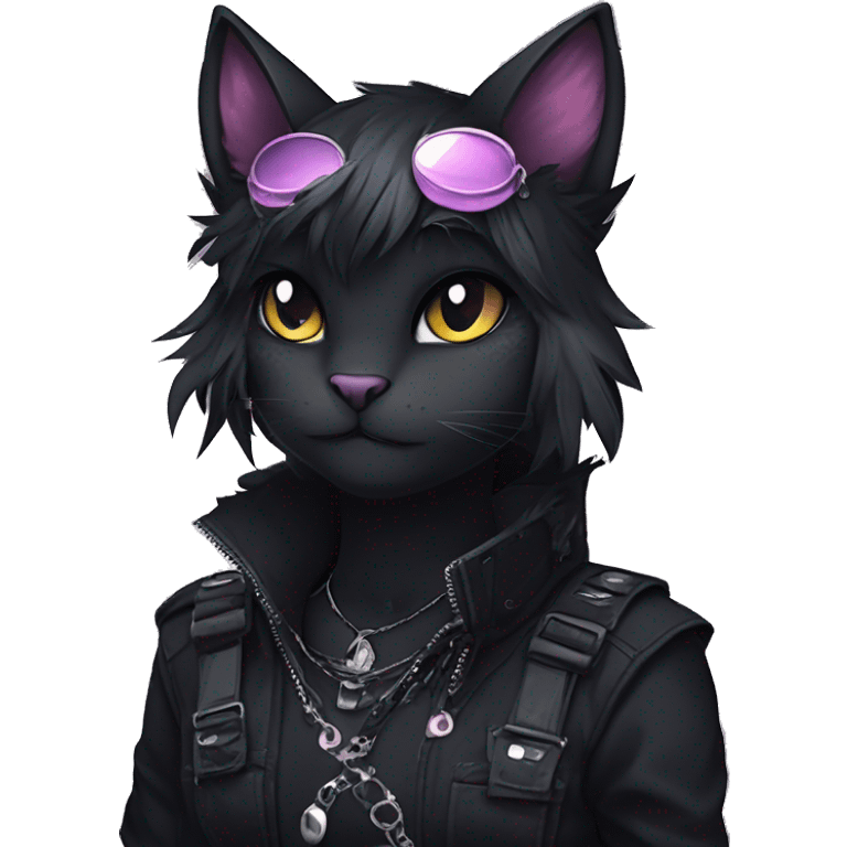 Gorgeous furry dark punk techwear anime style anthro black cat fursona with blushing face aesthetic and pretty edgy black with collar and harness trending style emoji