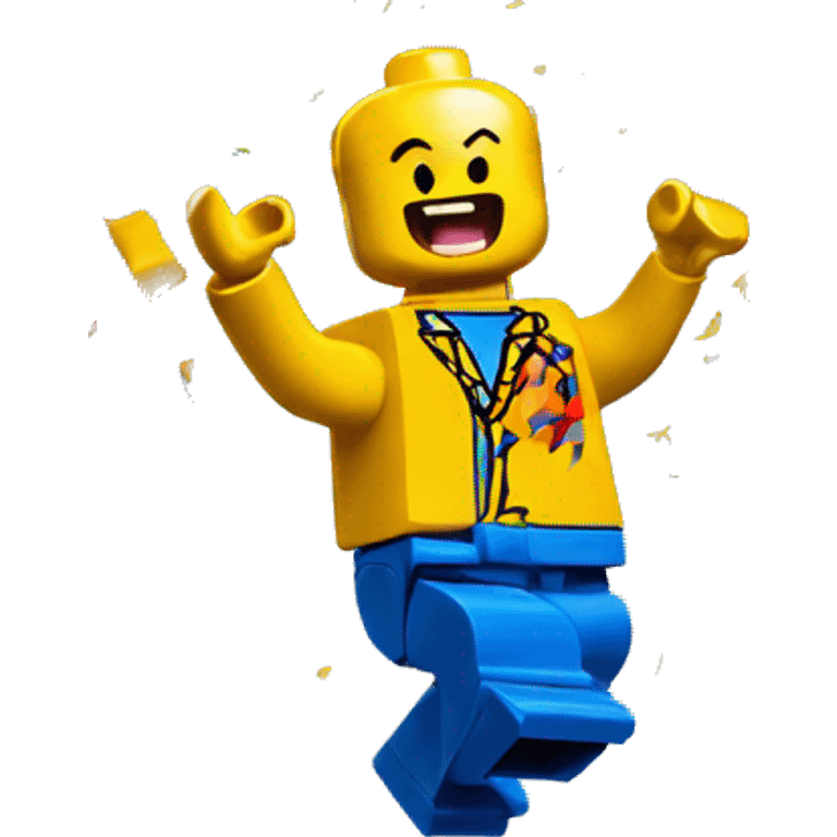 An excited LEGO Minifigure Jumping in the Air surrounded  by confetti  emoji