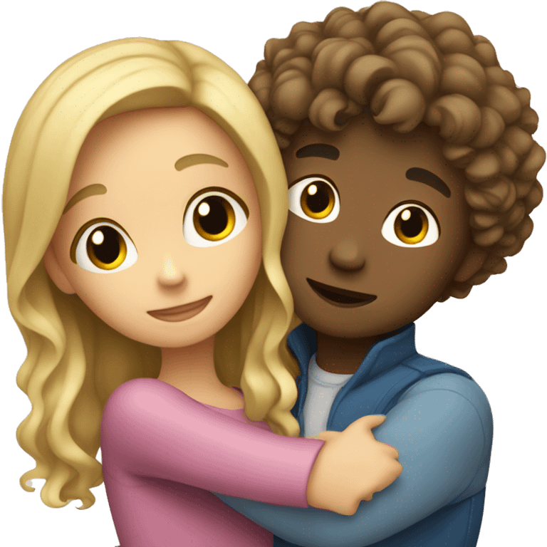 blonde girl hugging boy with curly brown hair emoji