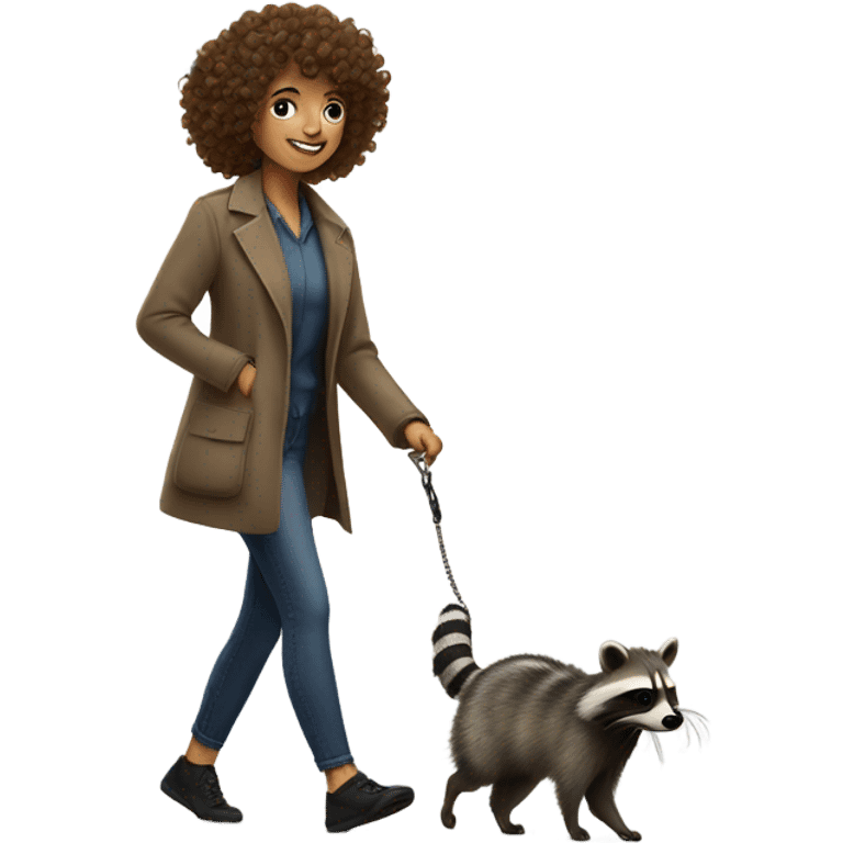 Curly haired white woman walking a raccoon like a dog emoji