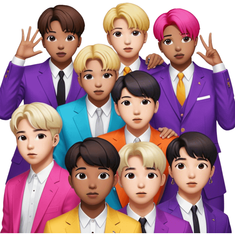 Cinematic Realistic group portrait of BTS featuring all 7 members in stylish modern attire, with detailed facial expressions and vibrant colors, captured in dynamic, contemporary lighting that emphasizes their global pop icon status emoji