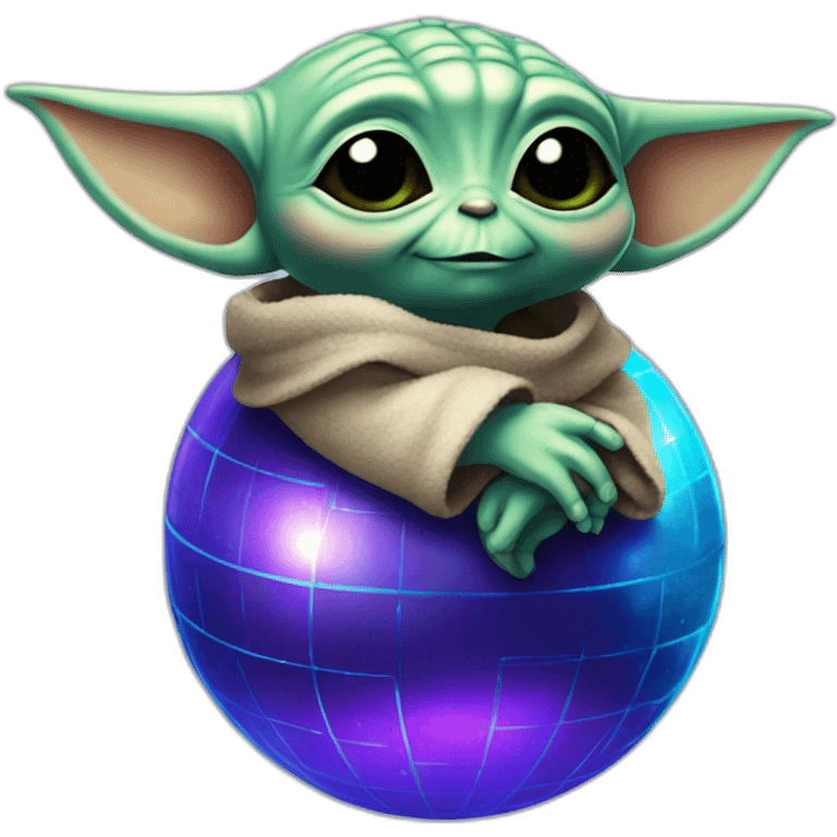 Baby yoda hugging a blue and purple disco ball emoji