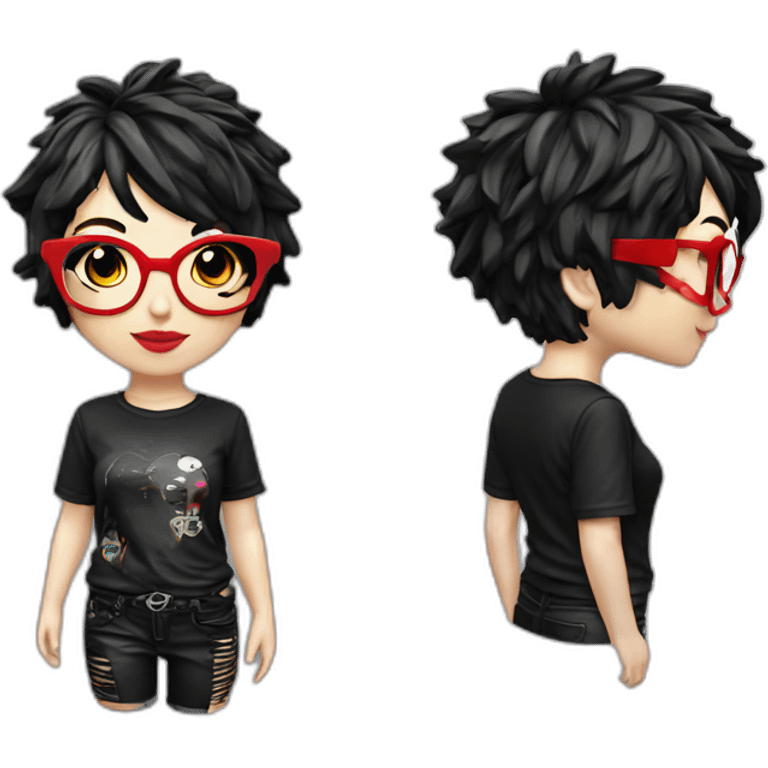 Punk female earrings glasses,red and black short hair, emoji