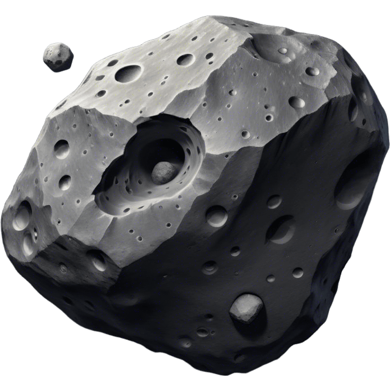  Cinematic Realistic Asteroid – A massive, irregularly shaped rock floating through the void, its cratered and pitted surface showing signs of ancient impacts. The harsh light from a nearby star reveals detailed textures and rugged, jagged edges. emoji