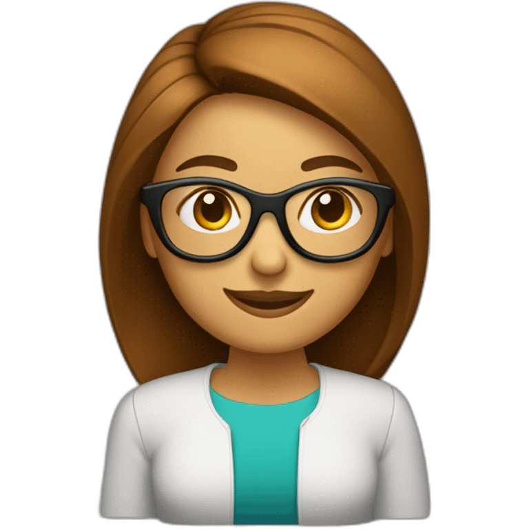 mujer con piel de color blanco con gafas sonriente cabello hasta el hombro y de color marron con un computador emoji