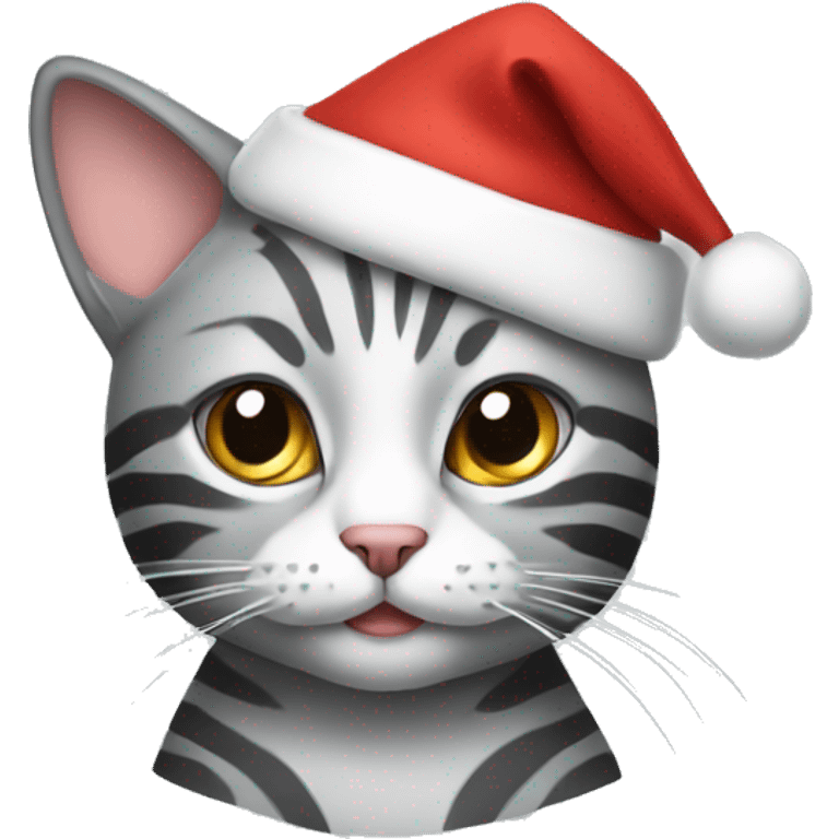 Cat with gray stripes wearing a Christmas hat emoji