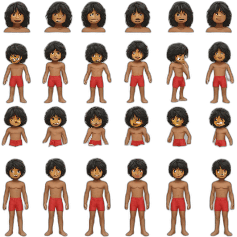 Mowgli is a boy, Black long hair with bangs, Brown eyes, brown skin color, wearing red swim trunks, barefoot emoji