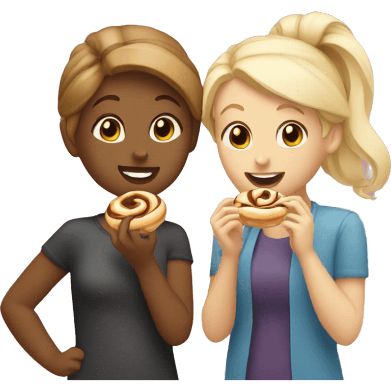 Two friends one blonde one brunette eating cinnamon roll emoji