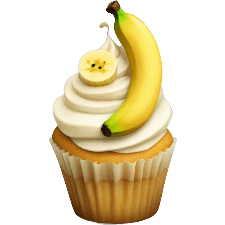 Vanilla cupcake topped with a banana slice emoji