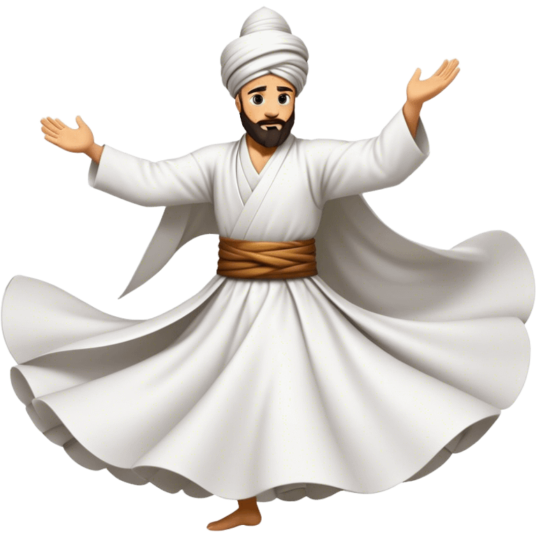 Cinematic Realistic Whirling Dervish Dance Emoji, depicted as a mesmerizing traditional Sufi dance scene with flowing robes and dynamic movement, rendered with vibrant textures and swirling mystical lighting that captures its spiritual energy. emoji