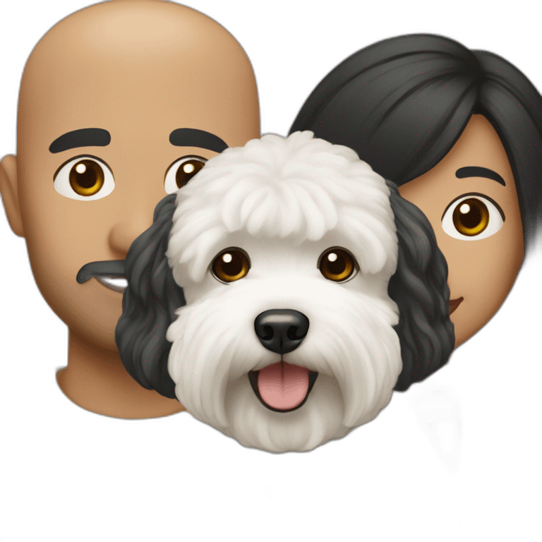 a bald man and black haired woman with white maltipoo emoji