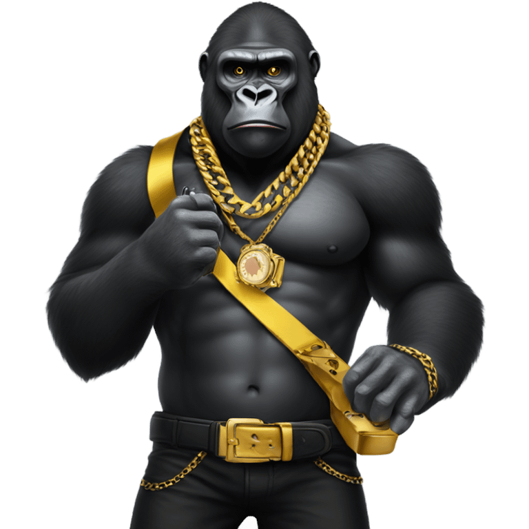 Gorilla holding a pistol wearing gold chain and watch , black shirt and a yellow bandana emoji