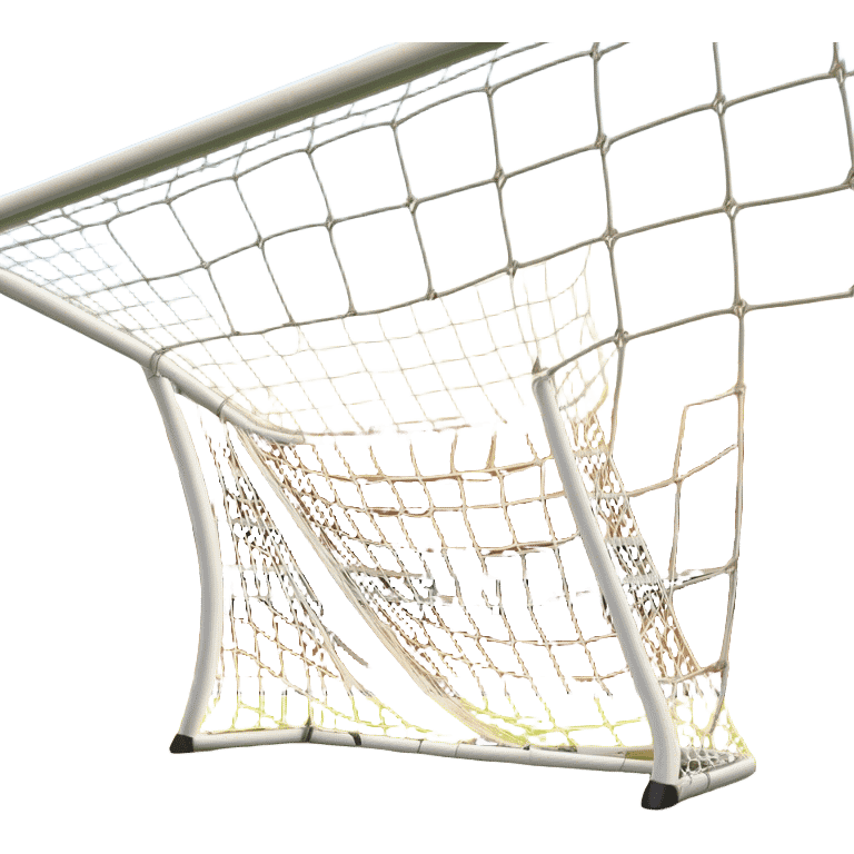 Cinematic Realistic image of a soccer goal net with intricately detailed mesh textures and subtle signs of wear, set against a dynamic, sunlit stadium backdrop that emphasizes its iconic presence in the game emoji