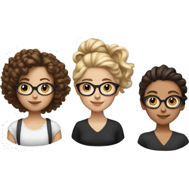 Three girls with glasses with blonde hair, curly brown hair and dark brown hair in a bun emoji