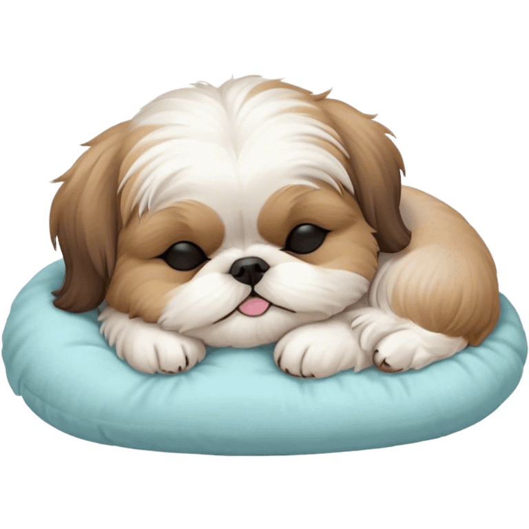 Meme-Worthy Cute Sleeping Shih Tzu Portrait Emoji, Head resting peacefully with a tender, contented smile and eyes delicately closed in serene slumber, showcasing a luxuriously fluffy fur in soft pastel tones, simplified yet irresistibly adorable, highly detailed, glowing with a warm, drowsy radiance, high shine, exuding calm, cozy charm, styled with a gentle, soft glowing outline, capturing the essence of a sleeping Shih Tzu that radiates utterly adorable, sleepy bliss! emoji