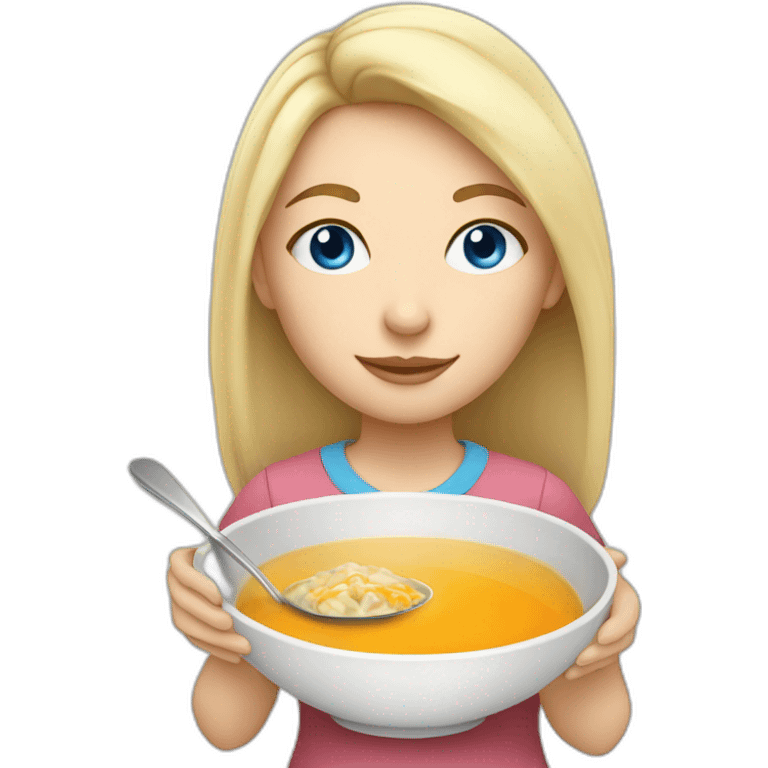 Light blonde girl with blue eyes in a shirt eating soup emoji