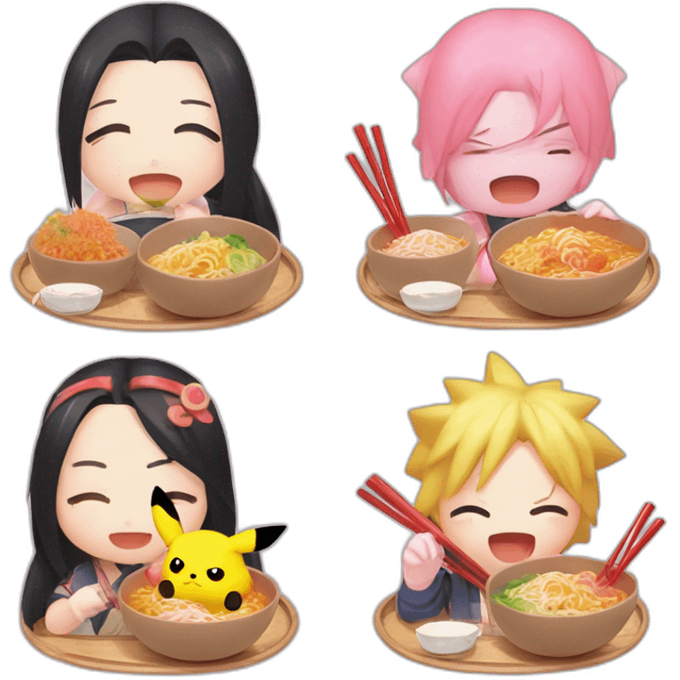 kirby pikachu naruto and nezuko eating ramen emoji