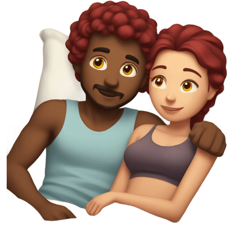 Burgundy haired girl and boyfriend cuddling in bed emoji