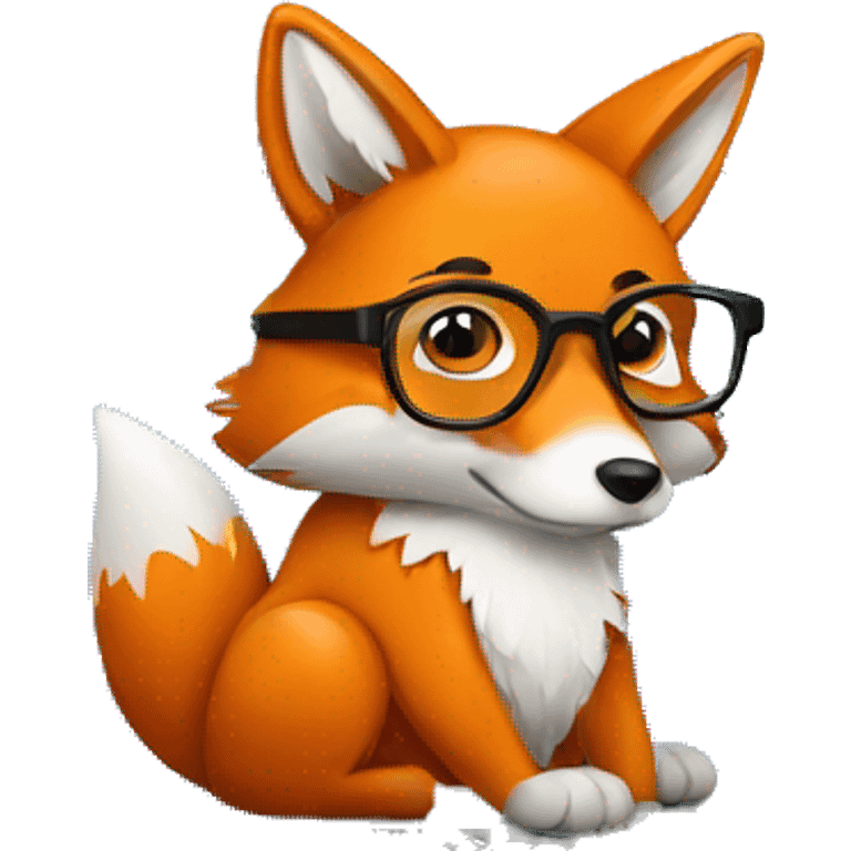 Fox is sitting at a table with a laptop, wearing glasses emoji