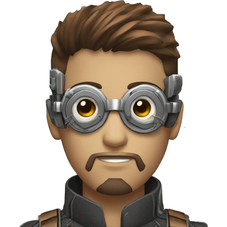 male cyborg head with brown short hair, brown beard, silver steampunk goggles and circuits emoji