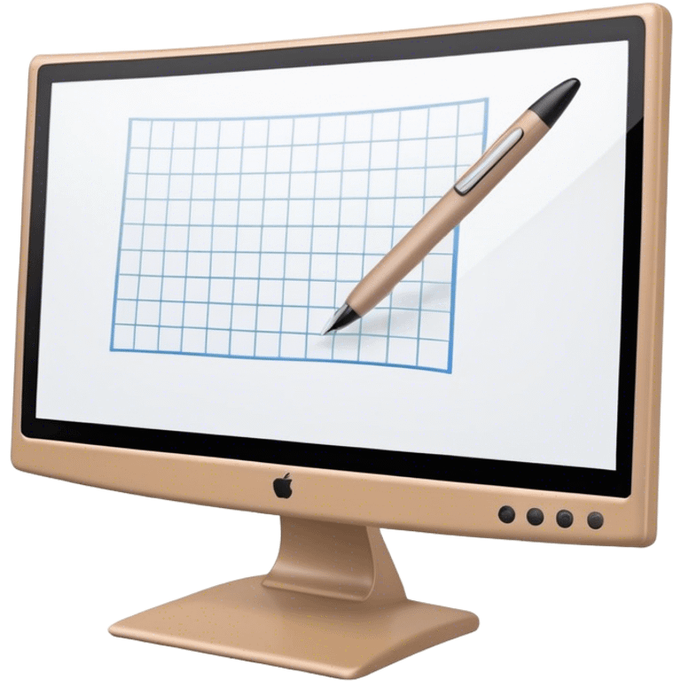 Create an emoji for 3D visualization and modeling. Show a 3D object with grid lines and a modeling tool (e.g., a mouse or stylus) on a big curved monitor. Use modern, professional colors. Do not include any emojis or smiley faces. Make the background transparent. emoji