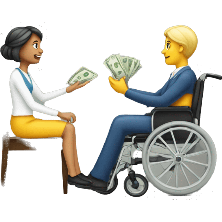 person in wheechair talking money with lady emoji