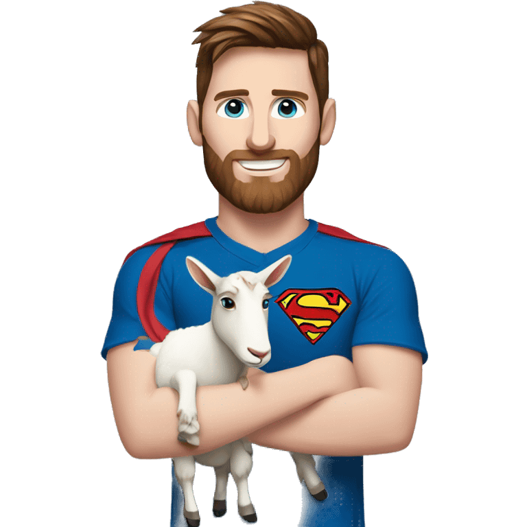 Messi holding a goat, redish hair redish beard, blue eyes, wearing a superman outfit emoji