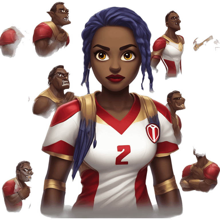 Warcraft soccer Quinn in Marvel Avengers style, oil paint, mysterious eyes, intricate lips, masterpiece pose, odd perspective, beautiful, desirable, logical emoji