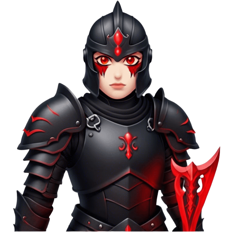 A warrior in black armor, glowing red eyes, standing in the shadows emoji