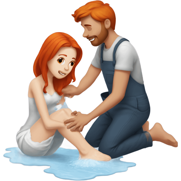 Man washing redhead woman’s feet emoji