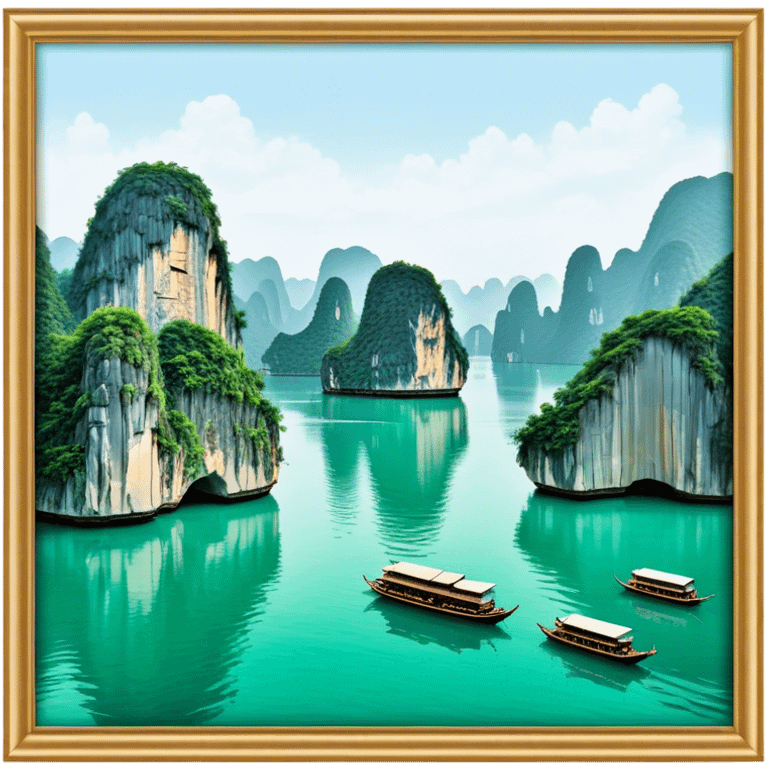 Cinematic Realistic Ha Long Bay Landscape Emoji, depicted with limestone karsts emerging from emerald waters rendered with intricate detail and dynamic natural lighting. emoji