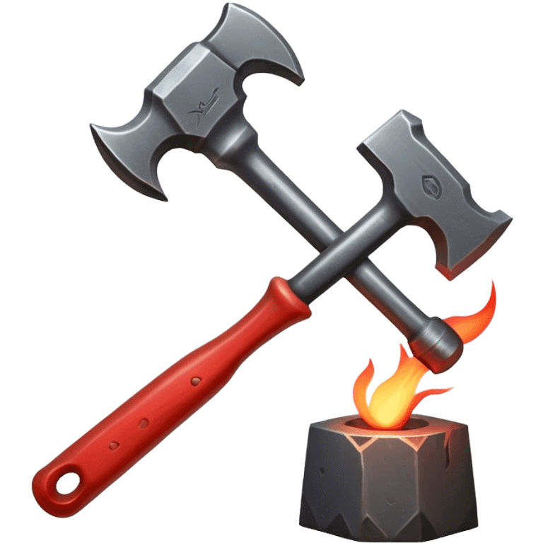 Blacksmithing icon, forged metal piece being shaped with hammer and anvil, glowing red-hot metal, blacksmith tools like tongs and chisel, sparks flying, minimalistic style, clean lines, transparent background. emoji