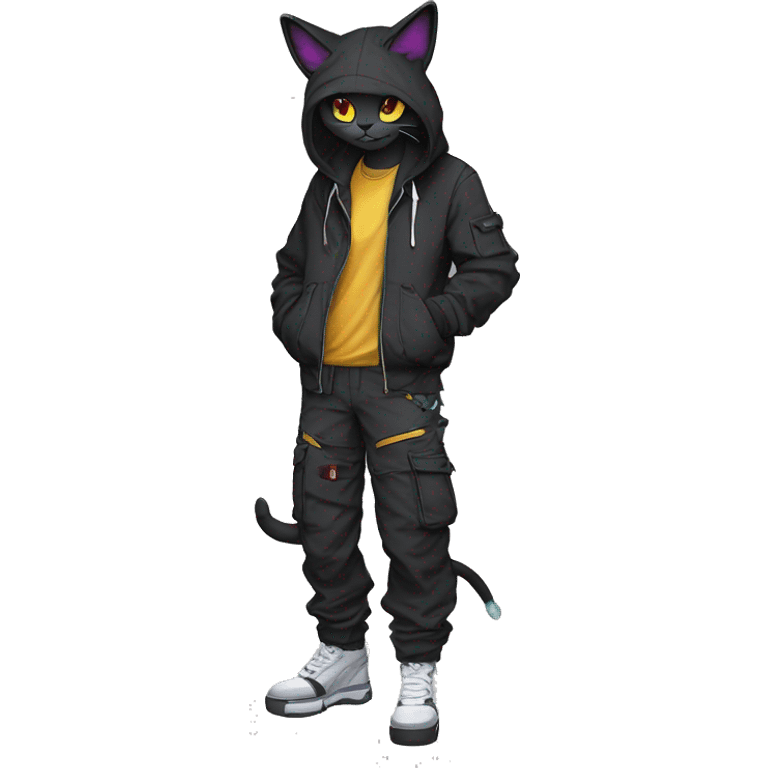 Edgy Anthro cool pretty dark cat-Pokémon-fursona techwear cargo pants hoodie emoji