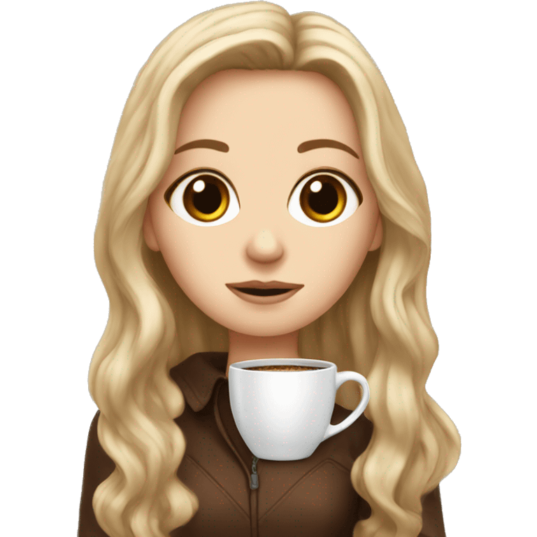 White girl with brown long hair big eyes and coffee   emoji