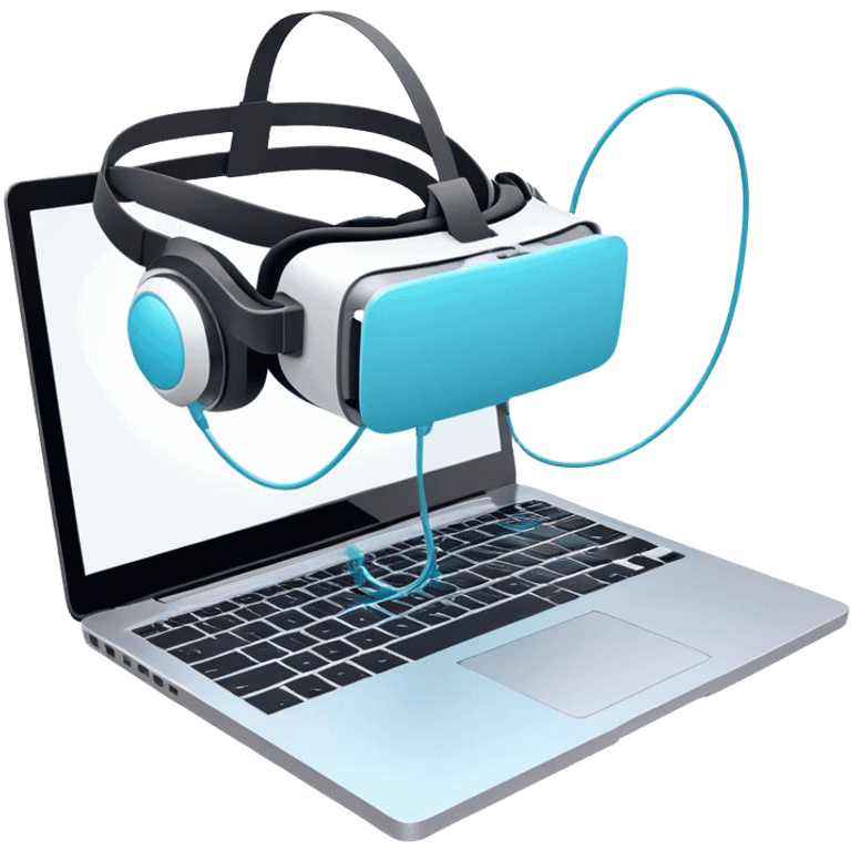 VR headset connected by a wire to a laptop. On the laptop screen, a VR/AR modeling soft is open. Floating 3D models or virtual objects. Modern, tech-inspired colors. No emojis or smiley faces. Transparent background. emoji