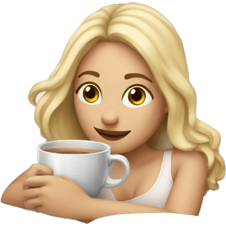 Blonde girl laying in bed with cup of tea and laptop emoji