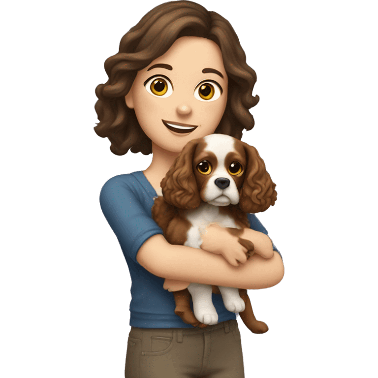 Brunette white girl holding yellow cocker spaniel emoji