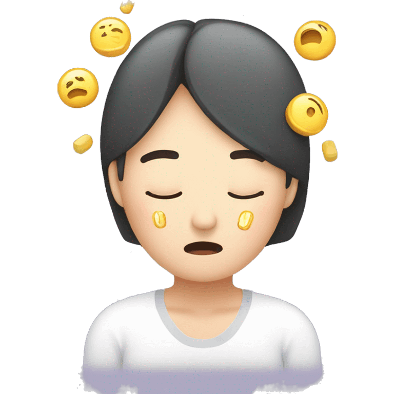 Headache, middle-aged Korean woman in her 40s, with one hand on her head, painful face + a medication in front of her to treat the headache emoji