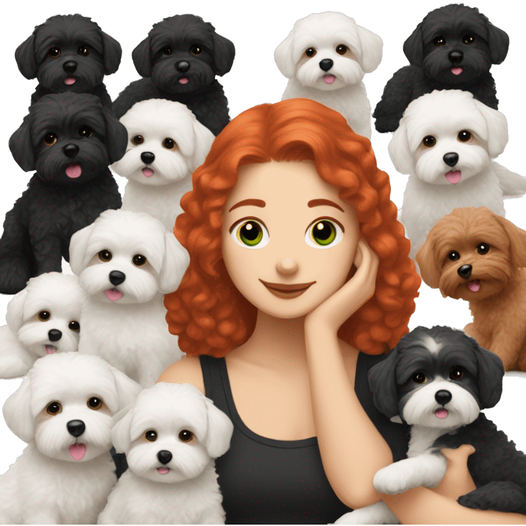 red haired girl with green eyes hugging her black and white Maltipoo dogs emoji