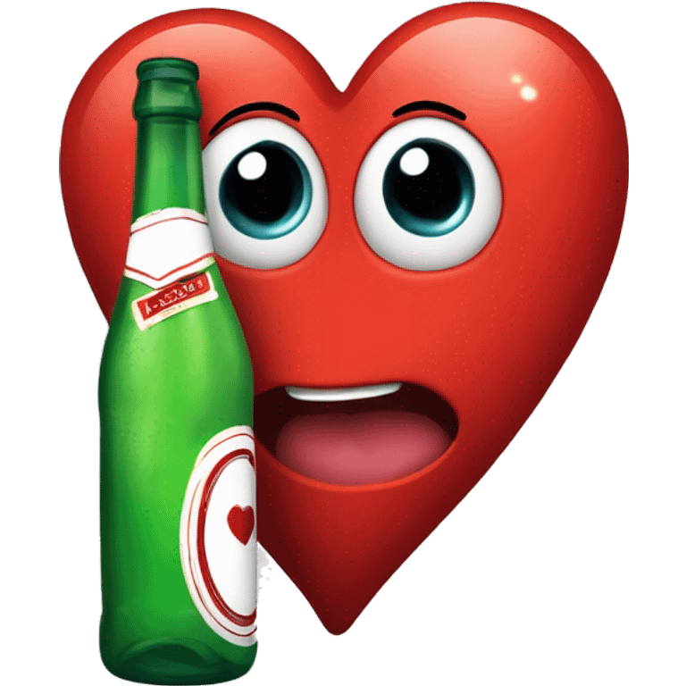 A red heart ❤️ with eyes, a mouth, and hands, tipsy and drunk, holding a bottle, looking wobbly and playful emoji