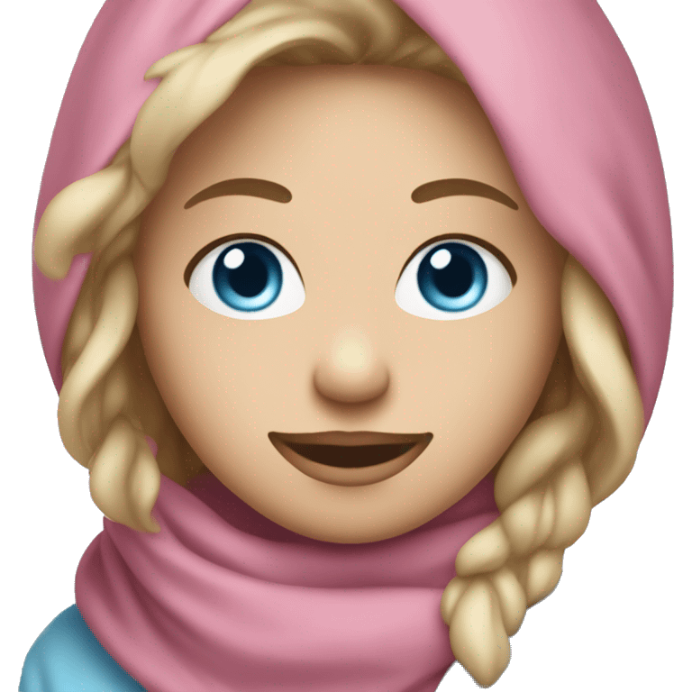 smiling girl with long dirty blonde hair and light blue scarf loosely covering head with blue eyes, pink lips  emoji