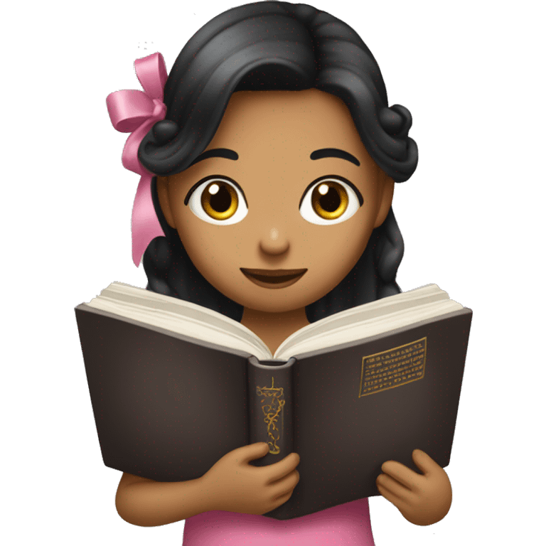 Girl with black long hair and a pink bow in her hair reading Bible  emoji